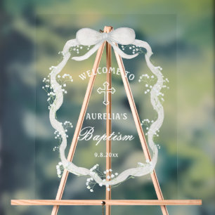 White Ribbon Baby's Breath Baptism Welcome Acrylic Sign