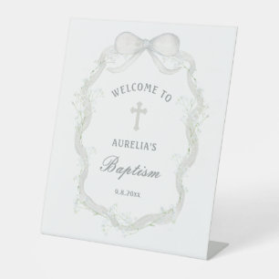 White Ribbon Baby's Breath Baptism Welcome Pedestal Sign