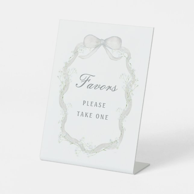 White Ribbon Baby's Breath Favors Pedestal Sign (Front)
