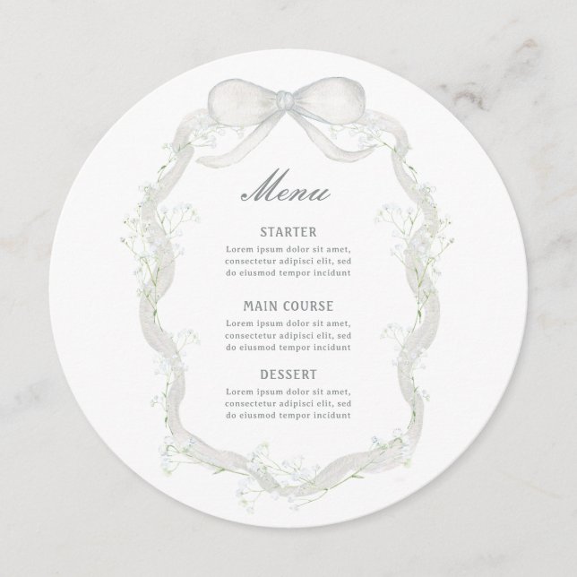 White Ribbon Baby's Breath Round Menu (Front)
