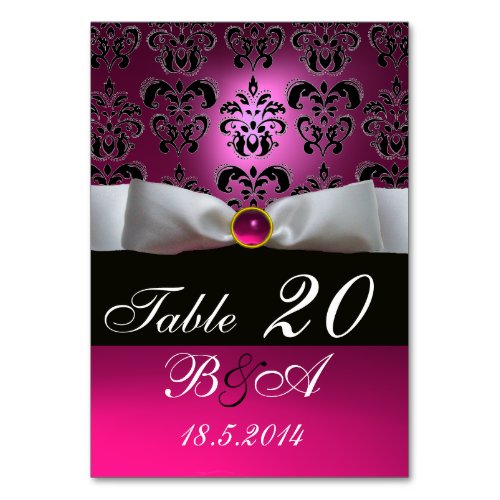 WHITE RIBBON BLACK PINK FUCHSIA  DAMASK MONOGRAM TABLE NUMBER