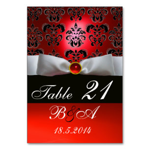WHITE RIBBON, BLACK RED DAMASK MONOGRAM TABLE NUMBER