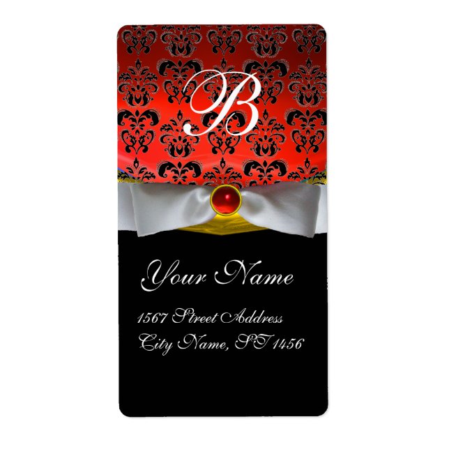WHITE RIBBON BLACK RED RUBY DAMASK MONOGRAM LABEL (Front)