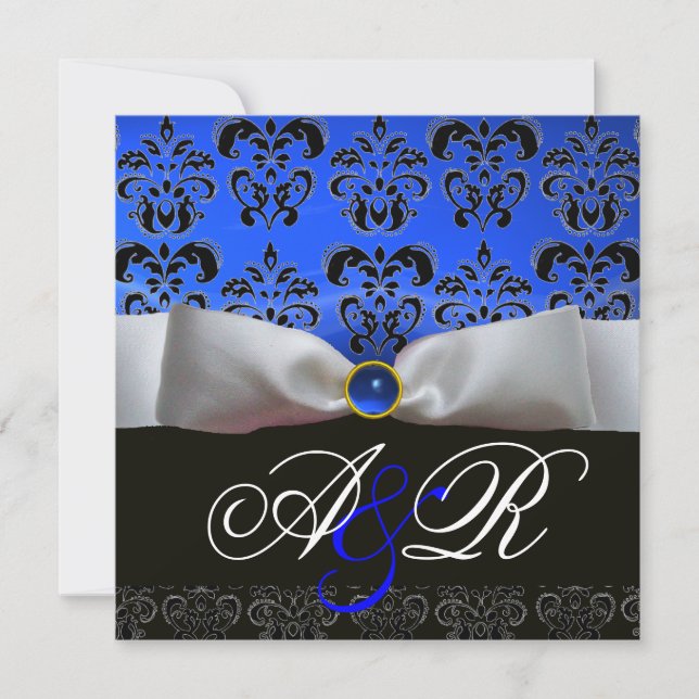 WHITE RIBBON BLUE SAPPHIRE BLACK  DAMASK MONOGRAM INVITATION (Front)