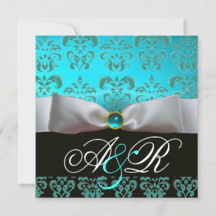 WHITE RIBBON BLUE TURQUASE BLACK DAMASK MONOGRAM INVITATION