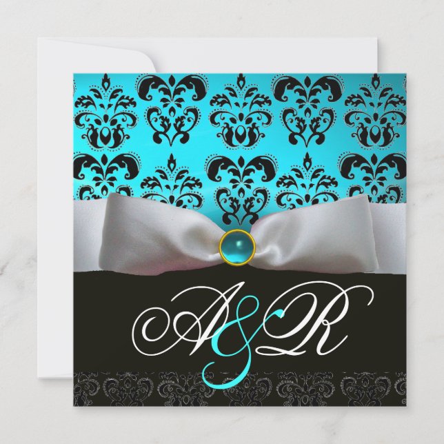 WHITE RIBBON BLUE TURQUASE BLACK  DAMASK MONOGRAM INVITATION (Front)