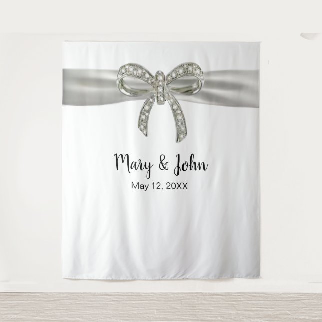 White Ribbon Diamond Bow Wedding Backdrop (Front)