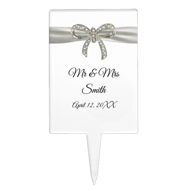 White Ribbon Diamond Bow Wedding Cake Topper (Front)