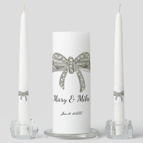 White Ribbon Diamond Bow Wedding Unity Candle Set