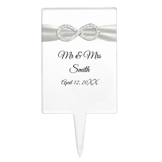 White Ribbon Diamond Infinity Wedding Cake Topper (Front)
