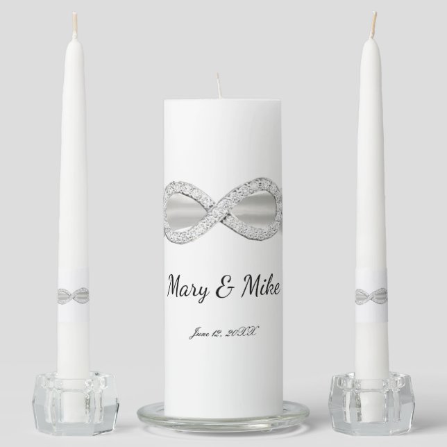White Ribbon Diamond Infinity Wedding Unity Candle Set (Front)