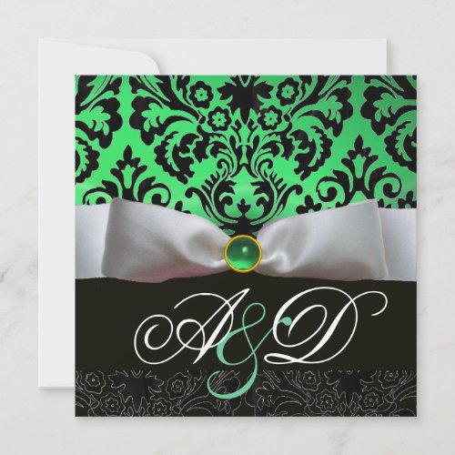 WHITE RIBBON EMERALD GREEN BLACK  DAMASK MONOGRAM INVITATION