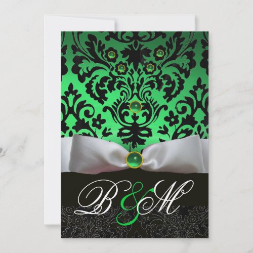 WHITE RIBBON EMERALD GREEN  BLACK DAMASK MONOGRAM INVITATION