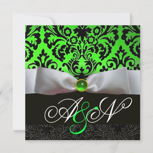 WHITE RIBBON EMERALD GREEN BLACK  DAMASK MONOGRAM INVITATION