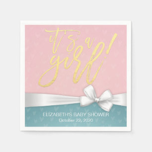 White Ribbon Gold Script Blue Pink Baby Shower Paper Napkins