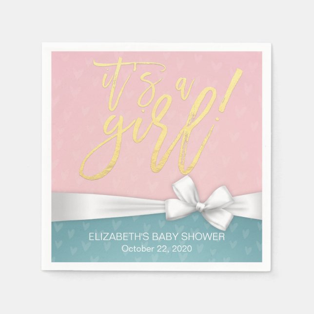 White Ribbon Gold Script Blue Pink Baby Shower Paper Napkins (Front)
