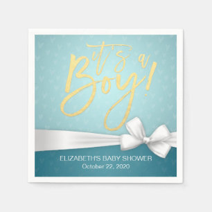 White Ribbon Gold Script Turquoise Baby Shower Paper Napkins