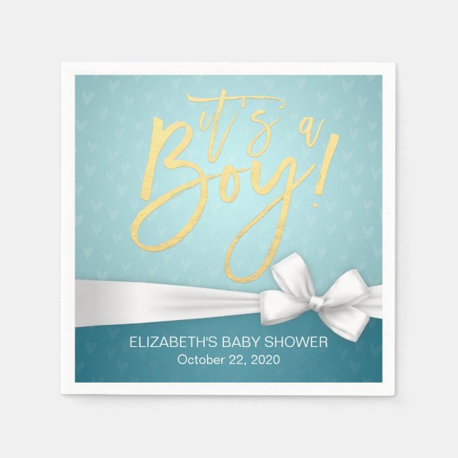 White Ribbon Gold Script Turquoise Baby Shower Paper Napkins (Front)