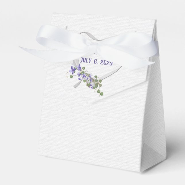 White Ribbon Heart and Purple Flowers Favor Box (Front Side)