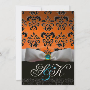 WHITE RIBBON ORANGE BLUE BLACK DAMASK MONOGRAM INVITATION
