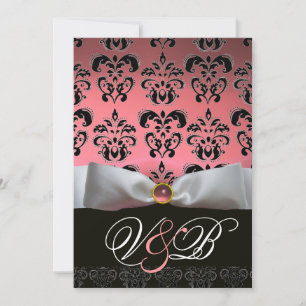 WHITE RIBBON PINK BLACK DAMASK MONOGRAM INVITATION