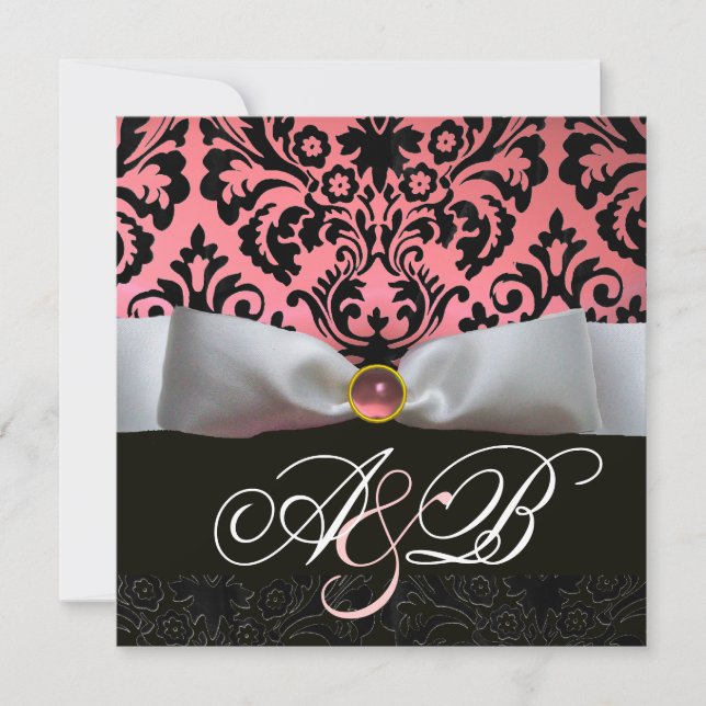 WHITE RIBBON PINK BLACK  DAMASK MONOGRAM INVITATION (Front)