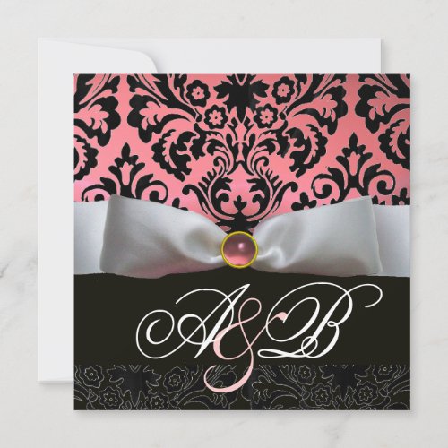 WHITE RIBBON PINK BLACK  DAMASK MONOGRAM INVITATION