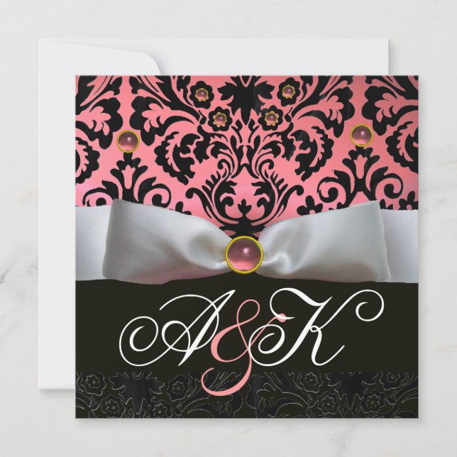 WHITE RIBBON PINK BLACK  DAMASK MONOGRAM INVITATION (Front)