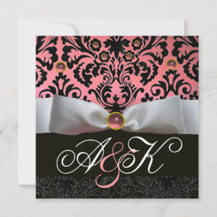 WHITE RIBBON PINK BLACK DAMASK MONOGRAM INVITATION