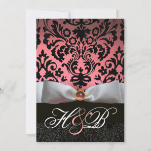 WHITE RIBBON PINK BLACK DAMASK MONOGRAM INVITATION