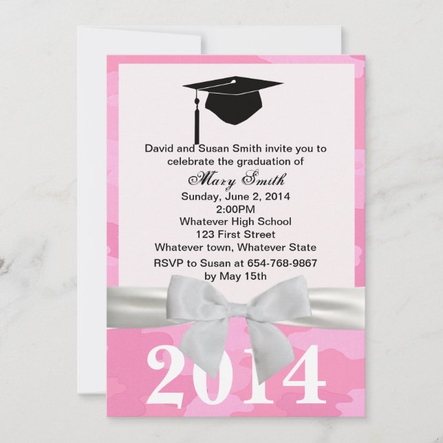White Ribbon Pink Camouflage Graduation Invitation (Front)