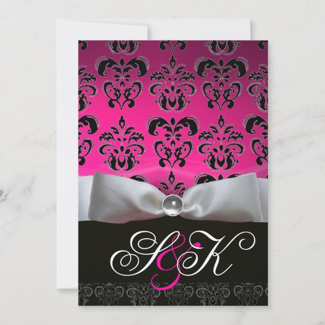 WHITE RIBBON PINK FUCHSIA BLACK  DAMASK MONOGRAM INVITATION (Front)