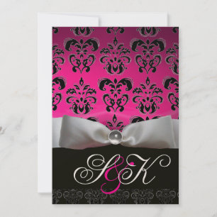 WHITE RIBBON PINK FUCHSIA BLACK  DAMASK MONOGRAM INVITATION