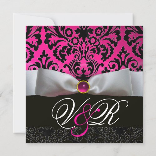 WHITE RIBBON PINK FUCHSIA  BLACK  DAMASK MONOGRAM INVITATION