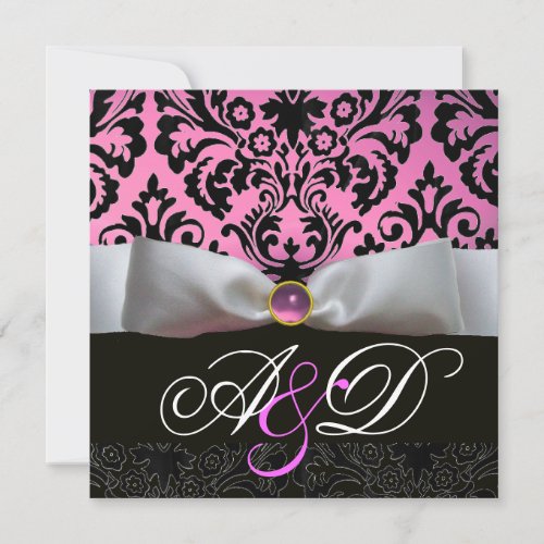 WHITE RIBBON PINK LILAC  BLACK  DAMASK MONOGRAM INVITATION