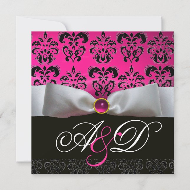 WHITE RIBBON PINK PURPLE BLACK  DAMASK MONOGRAM INVITATION (Front)