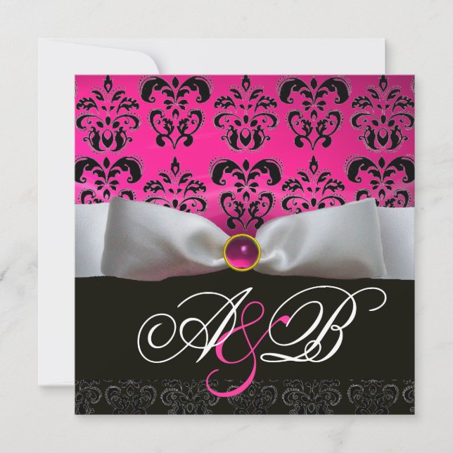 WHITE RIBBON PINK PURPLE BLACK  DAMASK MONOGRAM INVITATION (Front)