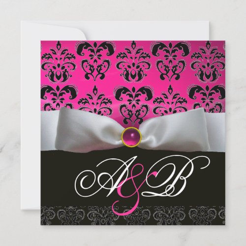 WHITE RIBBON PINK PURPLE BLACK  DAMASK MONOGRAM INVITATION