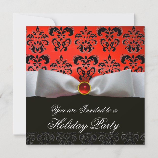 WHITE RIBBON RED BLACK  DAMASK HOLIDAY PARTY INVITATION (Front)