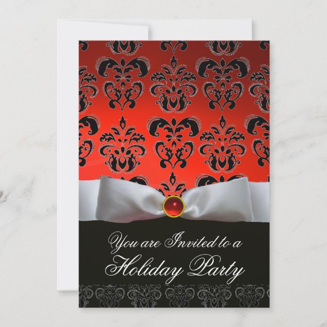 WHITE RIBBON RED BLACK  DAMASK HOLIDAY PARTY Ruby Invitation (Front)