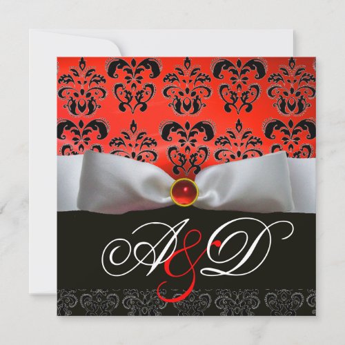 WHITE RIBBON RED BLACK  DAMASK MONOGRAM Ruby Invitation