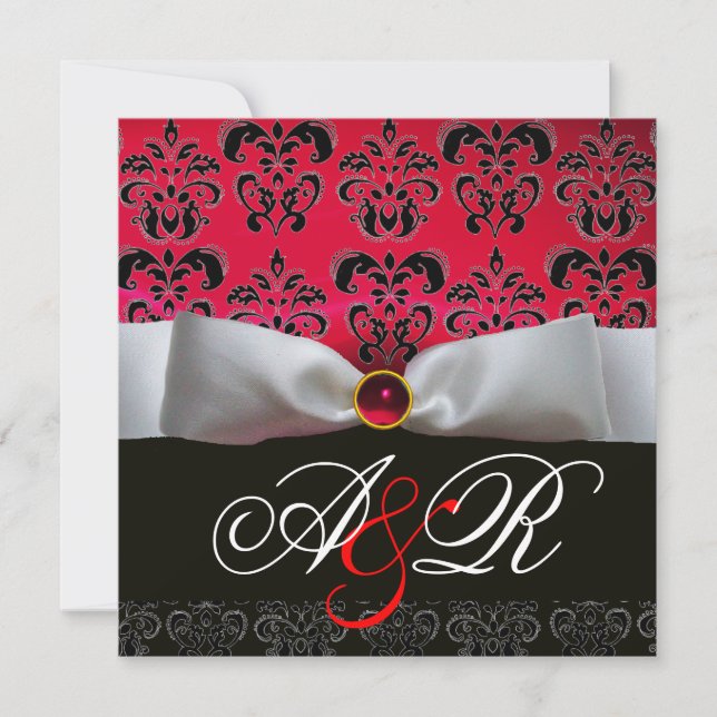 WHITE RIBBON RED BURGUNDY BLACK  DAMASK MONOGRAM INVITATION (Front)