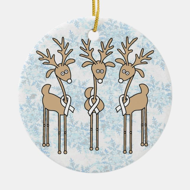 White Ribbon Reindeer Ceramic Ornament (Front)