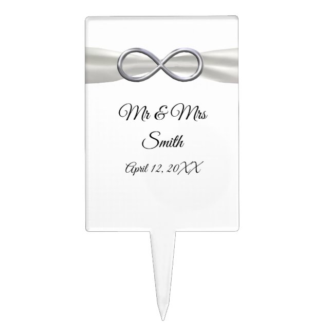 White Ribbon Silver Infinity Wedding Cake Topper (Front)