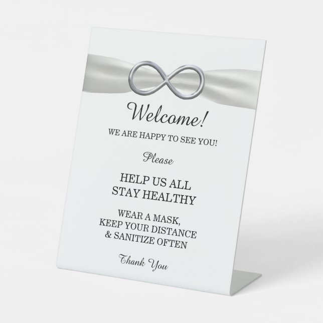 White Ribbon Silver Infinity Wedding Safety  Pedestal Sign (Front)