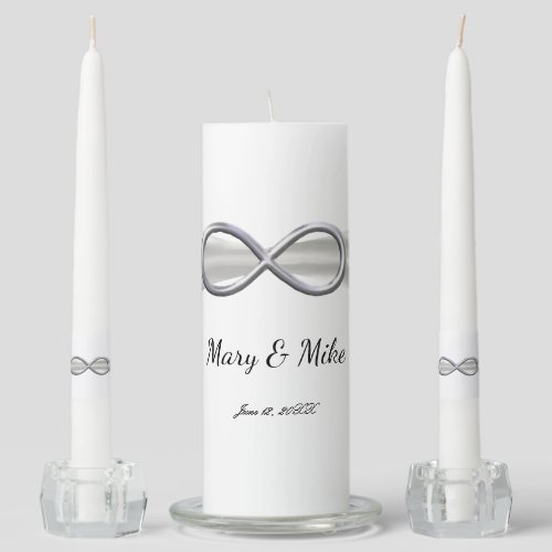White Ribbon Silver Infinity Wedding Unity Candle Set
