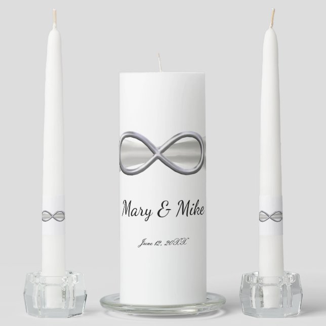 White Ribbon Silver Infinity Wedding Unity Candle Set (Front)