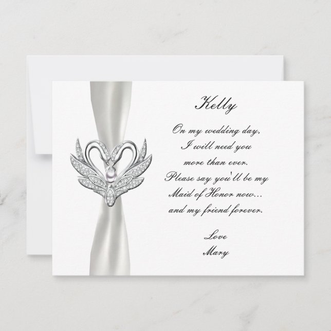 White Ribbon Silver Swans Maid Of Honor Card (Front)