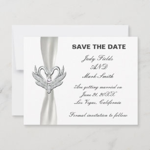 White Ribbon Silver Swans Save The Date Card