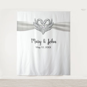 White Ribbon Silver Swans Wedding Backdrop